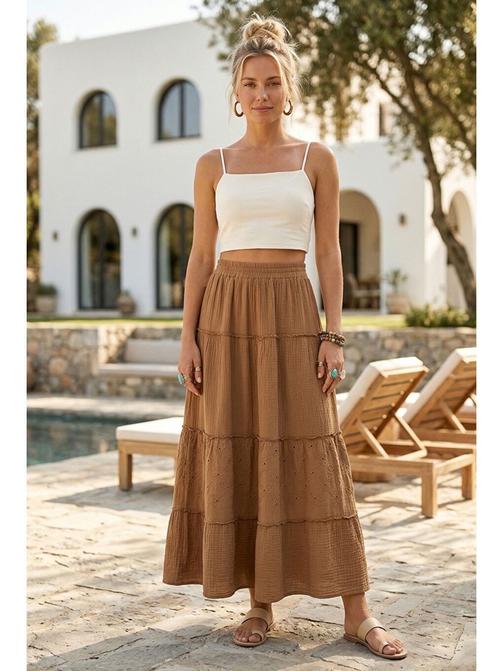 Kahverengi Açık Kahve Eteği Fırfırlı Fistolu Kat Kat Casual Müslin Standart Dokuma Etek 94 65-1