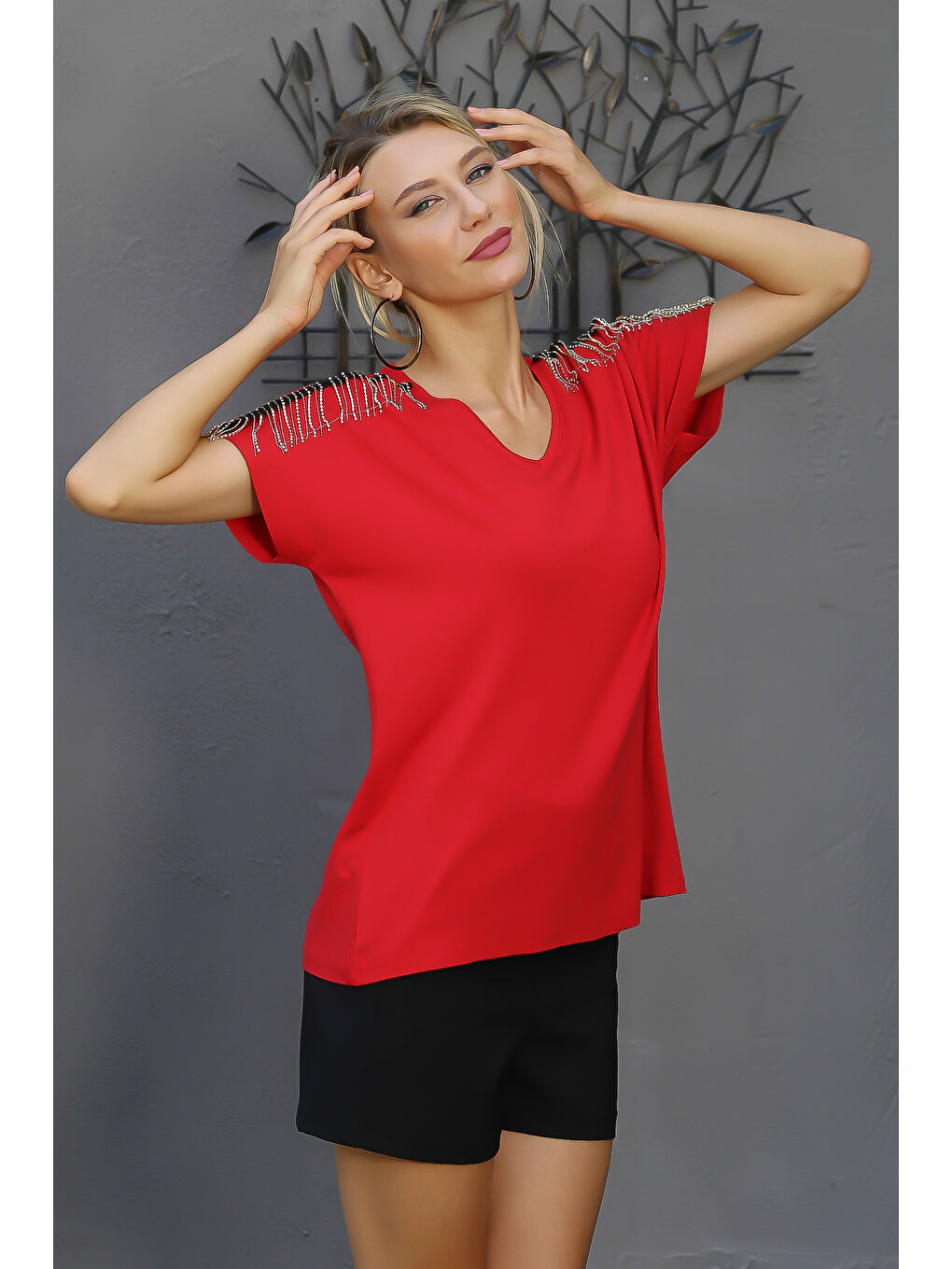 Kırmızı V Yaka Düşük Kol Düz Renk Örme Bluz-5