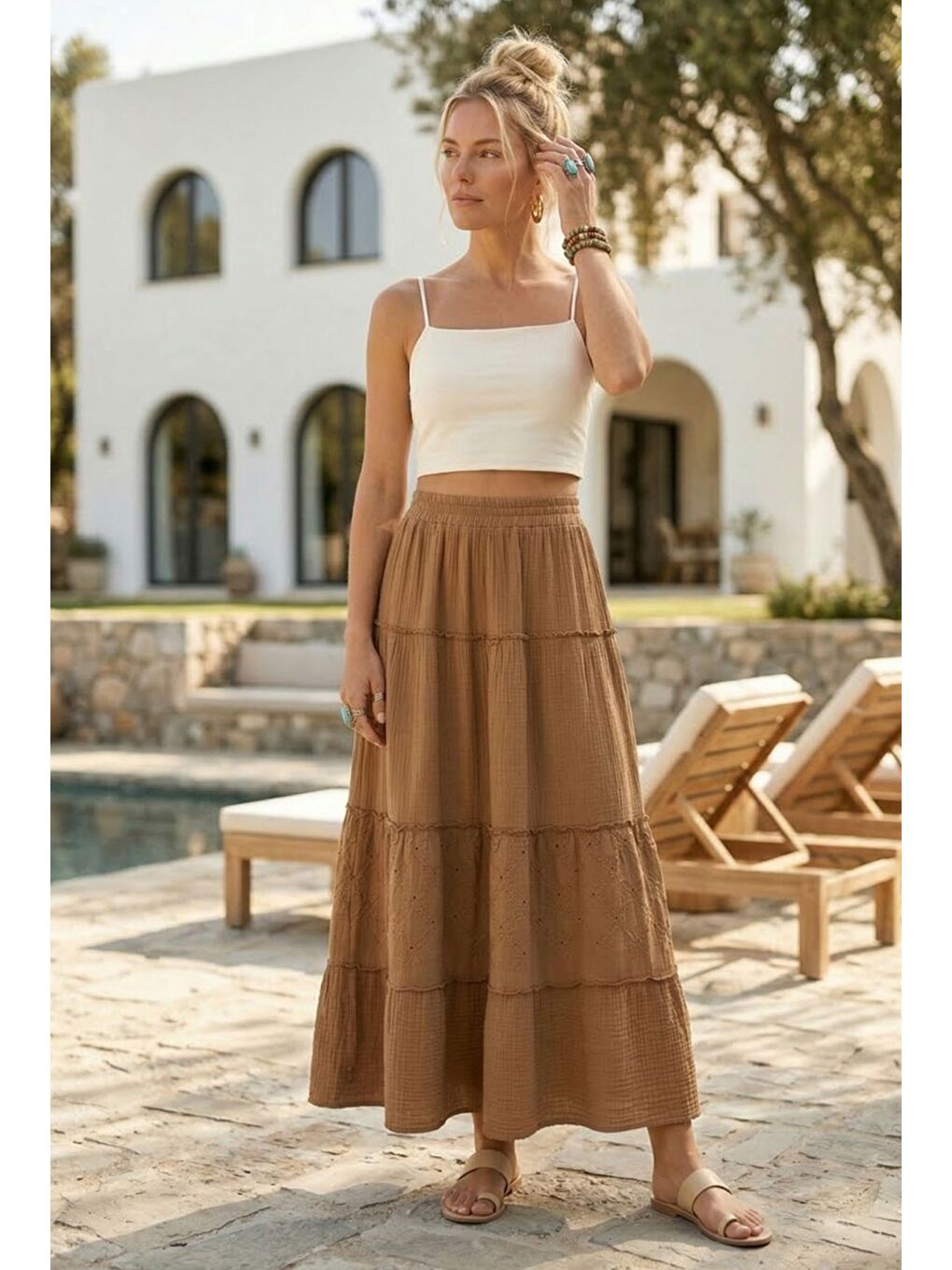 Kahverengi Açık Kahve Eteği Fırfırlı Fistolu Kat Kat Casual Müslin Standart Dokuma Etek 94 65-2