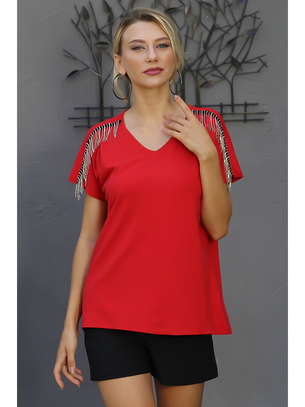 Kırmızı V Yaka Düşük Kol Düz Renk Örme Bluz-6