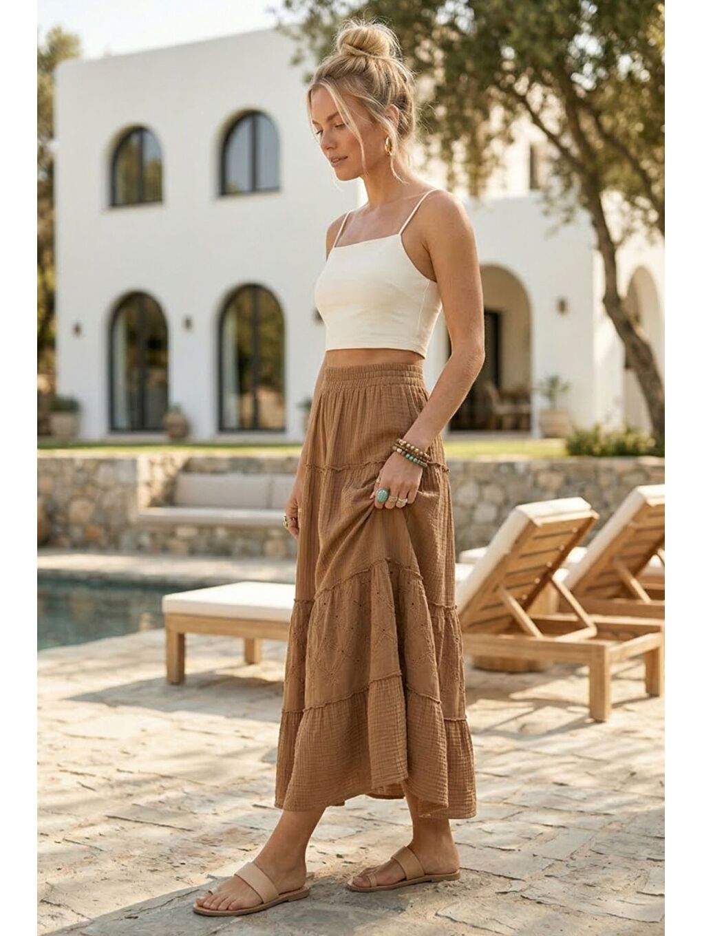 Kahverengi Açık Kahve Eteği Fırfırlı Fistolu Kat Kat Casual Müslin Standart Dokuma Etek 94 65-3