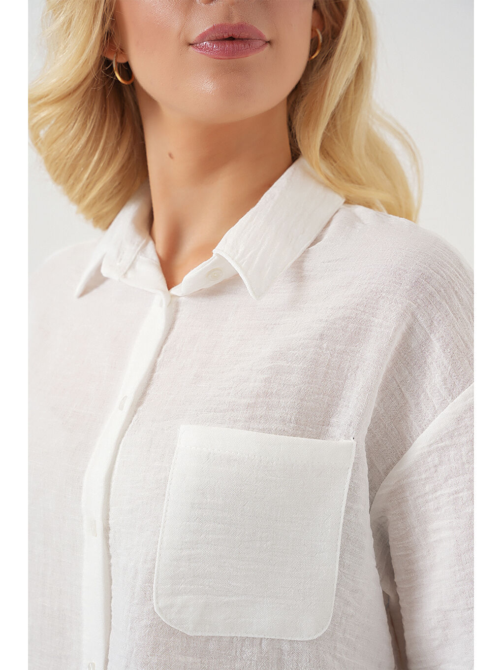 Kadın Kısa Kol Crop Gömlek 20341 - Beyaz-4