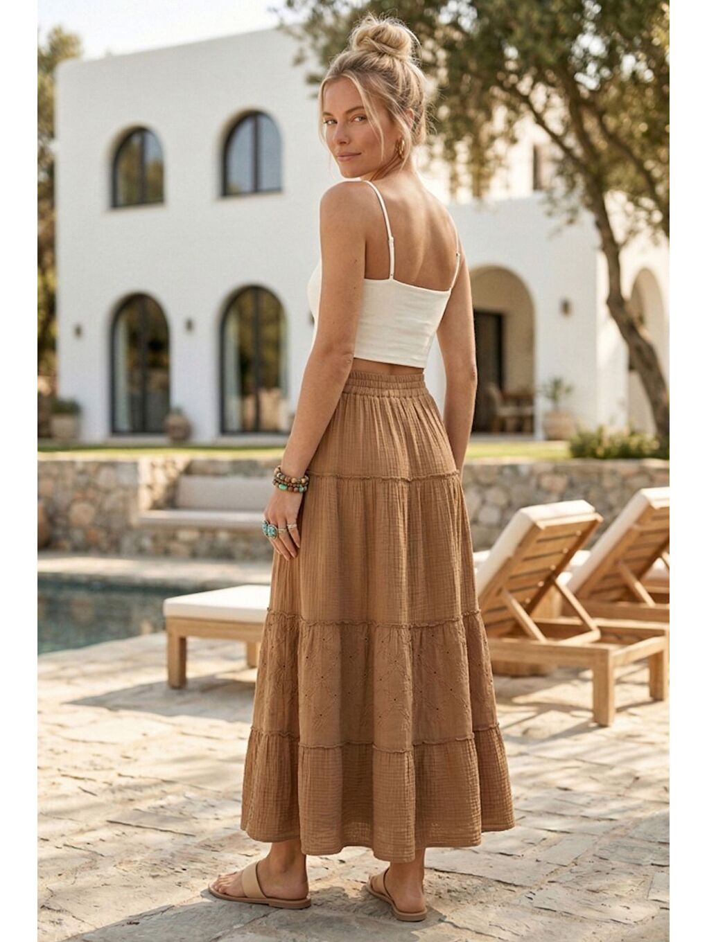 Kahverengi Açık Kahve Eteği Fırfırlı Fistolu Kat Kat Casual Müslin Standart Dokuma Etek 94 65-4