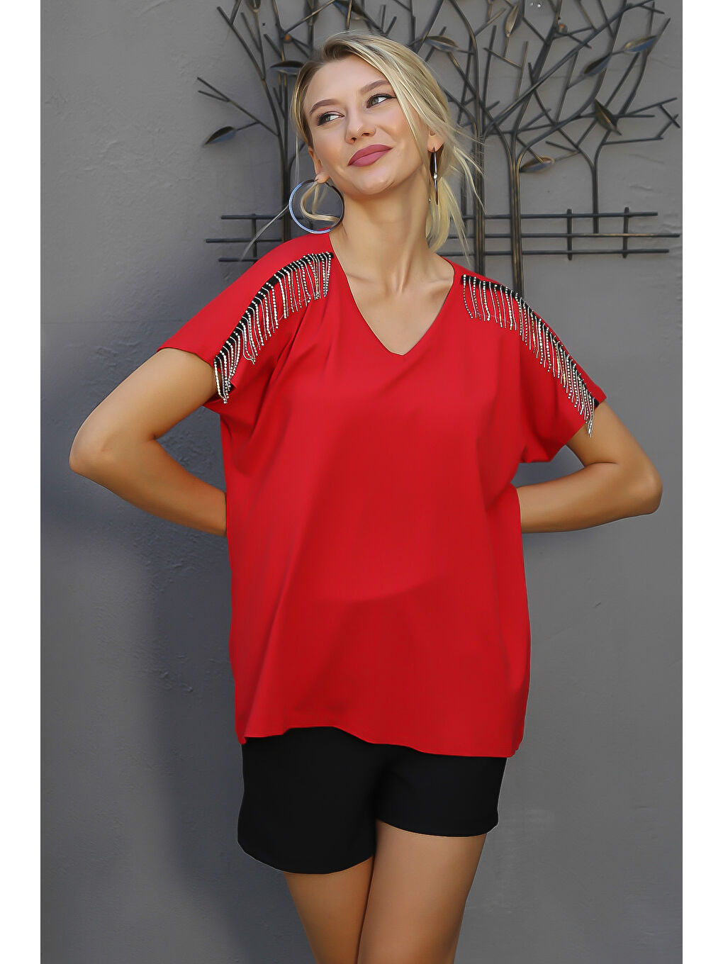 Kırmızı V Yaka Düşük Kol Düz Renk Örme Bluz-7