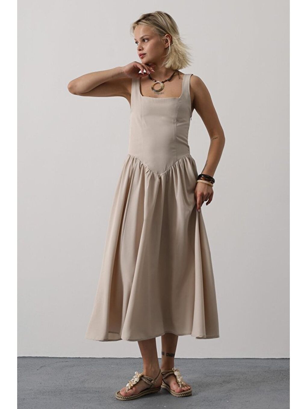 Sarı Askılı Uzun Elbise - Taş