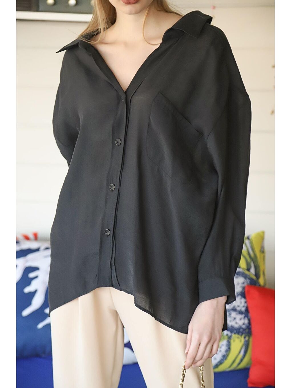 Kadın Siyah Owersize Uzun Basic Gömlek-1