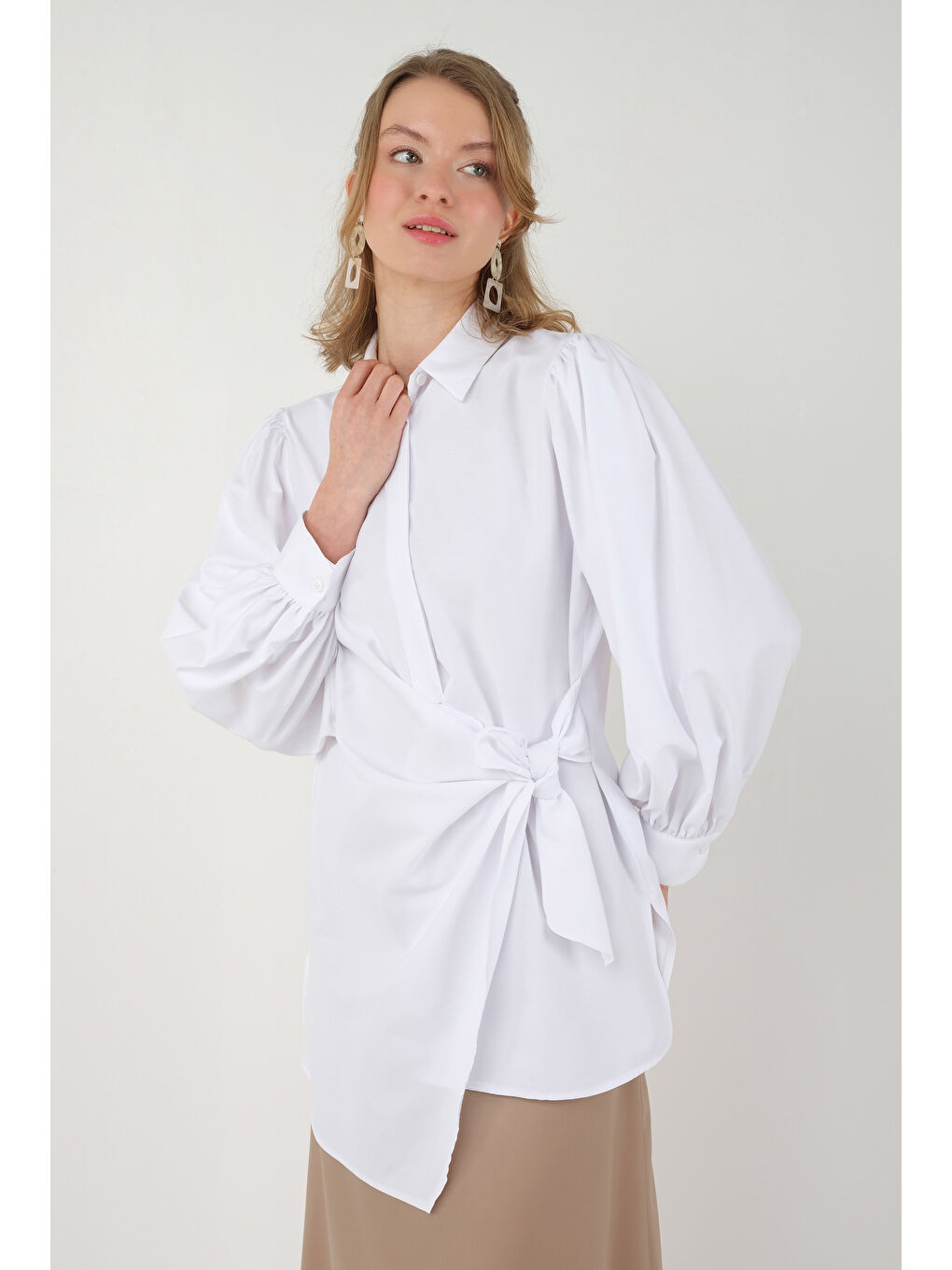 Önden Bağlamalı Gömlek Beyaz-3