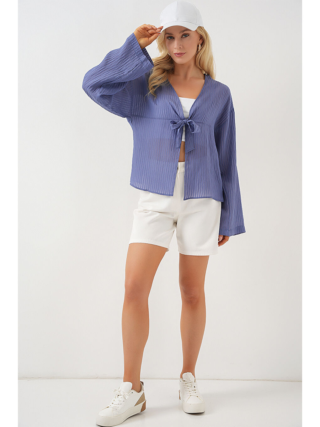 Kadın Önü Bağcıklı Bluz 952 - İndigo-1