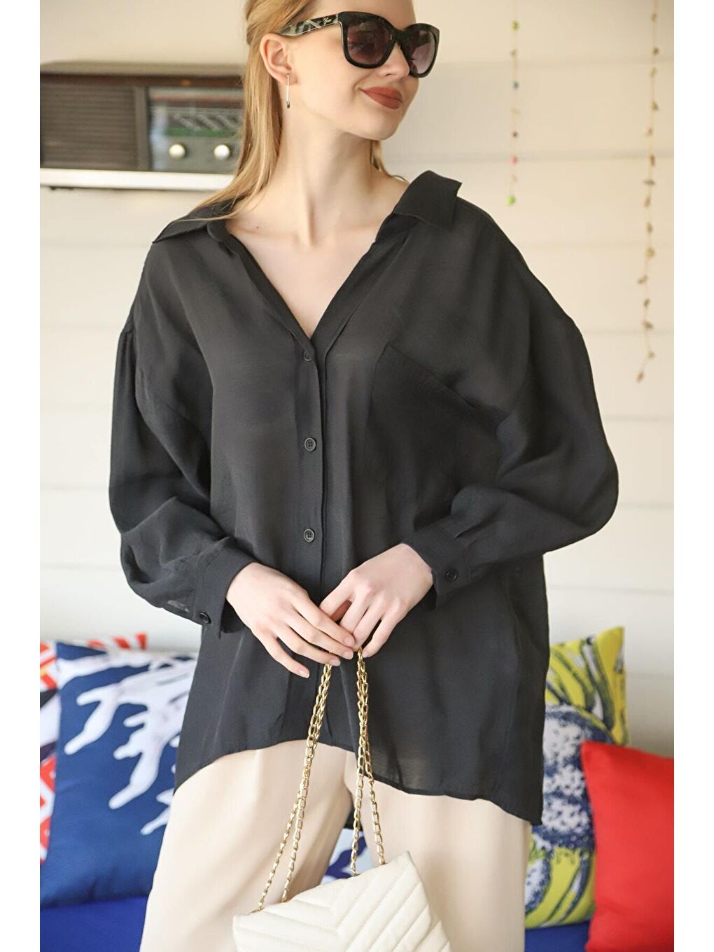 Kadın Siyah Owersize Uzun Basic Gömlek-2