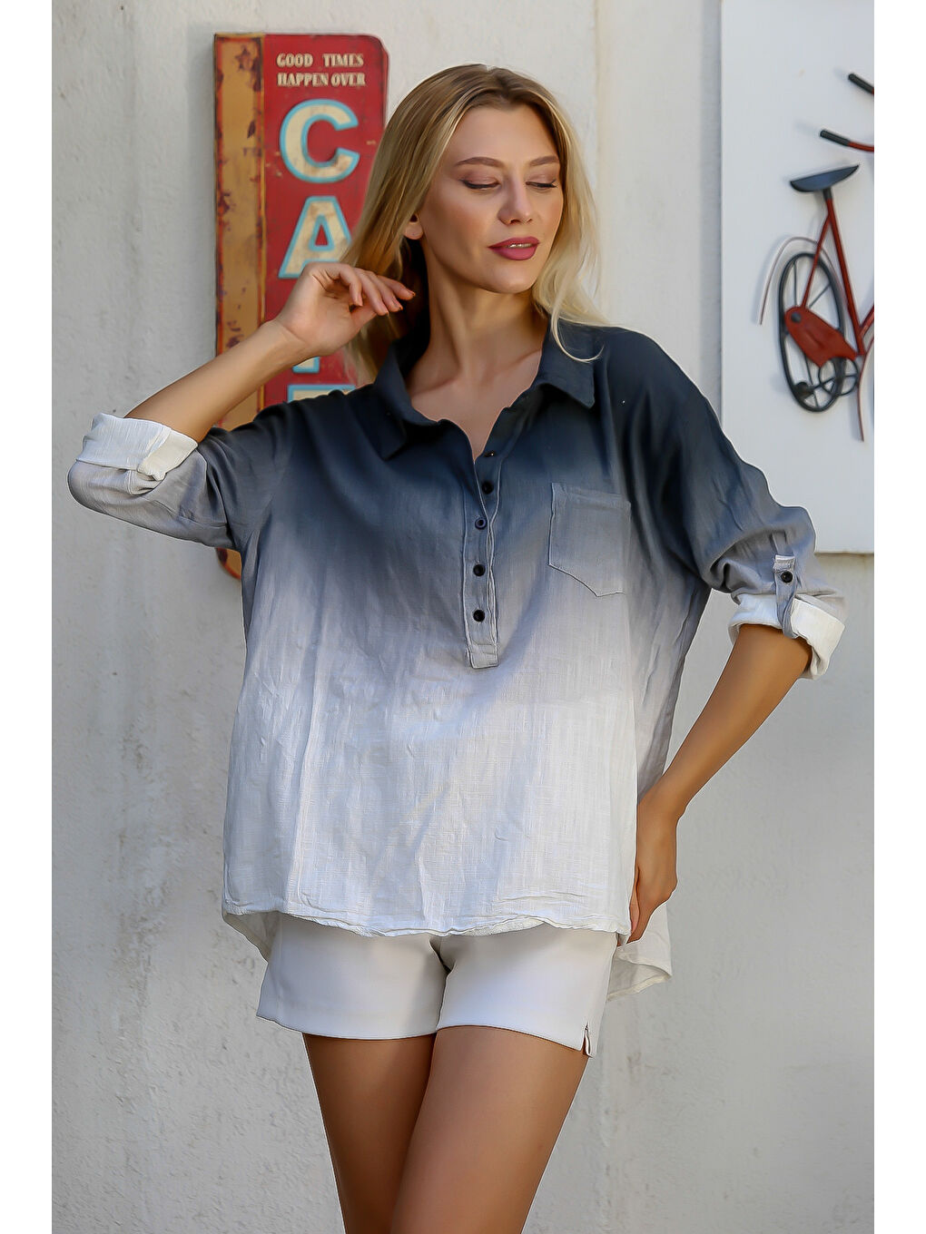 Beyaz-Antrasit Gömlek Yaka Uzun Kol Batik Düğmeli Tek Cepli Dokuma Bluz-5