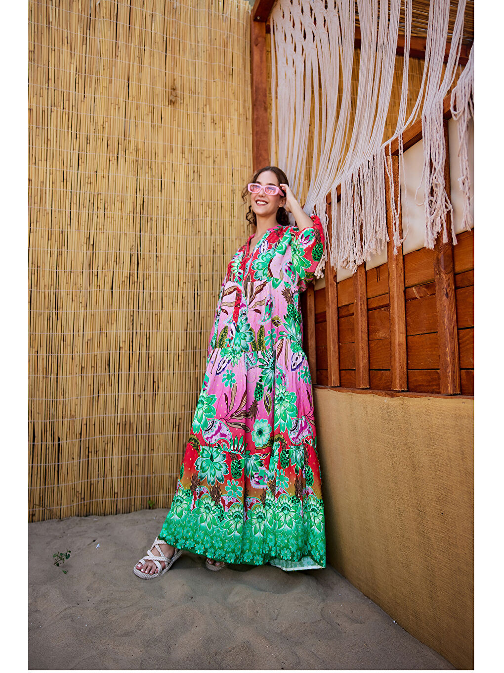 Kadın Soyut Botanik Desen Elbise Pembe-Kırmızı-1