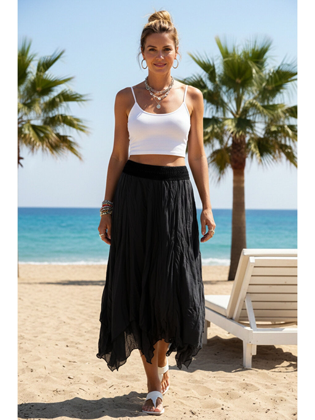 Siyah Astarlı Yıkamalı Saçaklı Kesim Lastikli Bel Casual Pamuklu Dokuma Etek 84 60-1