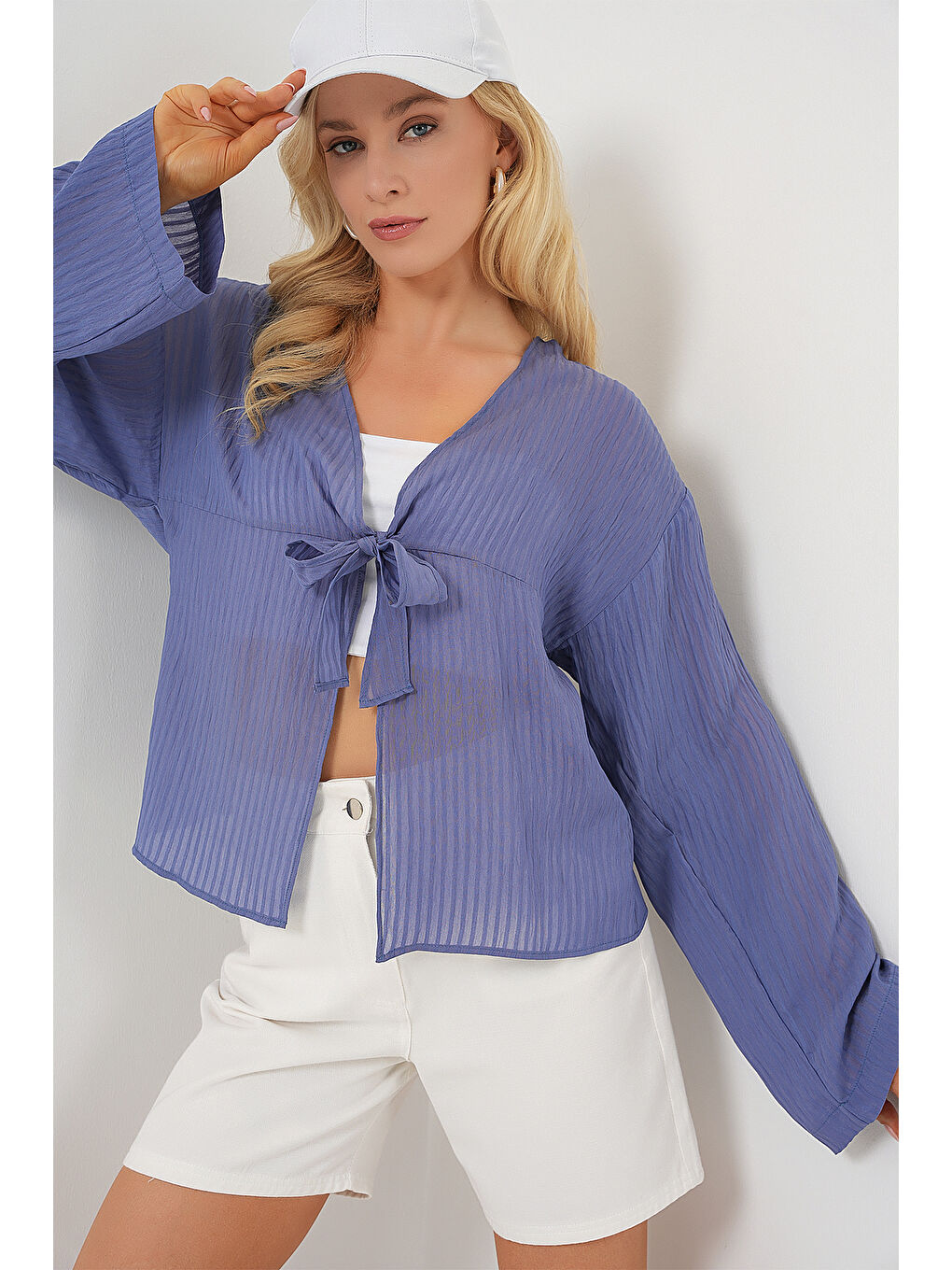 Kadın Önü Bağcıklı Bluz 952 - İndigo-3