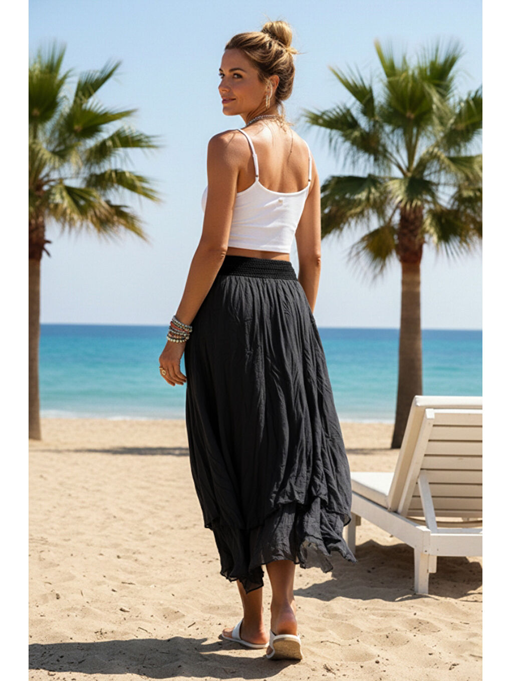 Siyah Astarlı Yıkamalı Saçaklı Kesim Lastikli Bel Casual Pamuklu Dokuma Etek 84 60-2