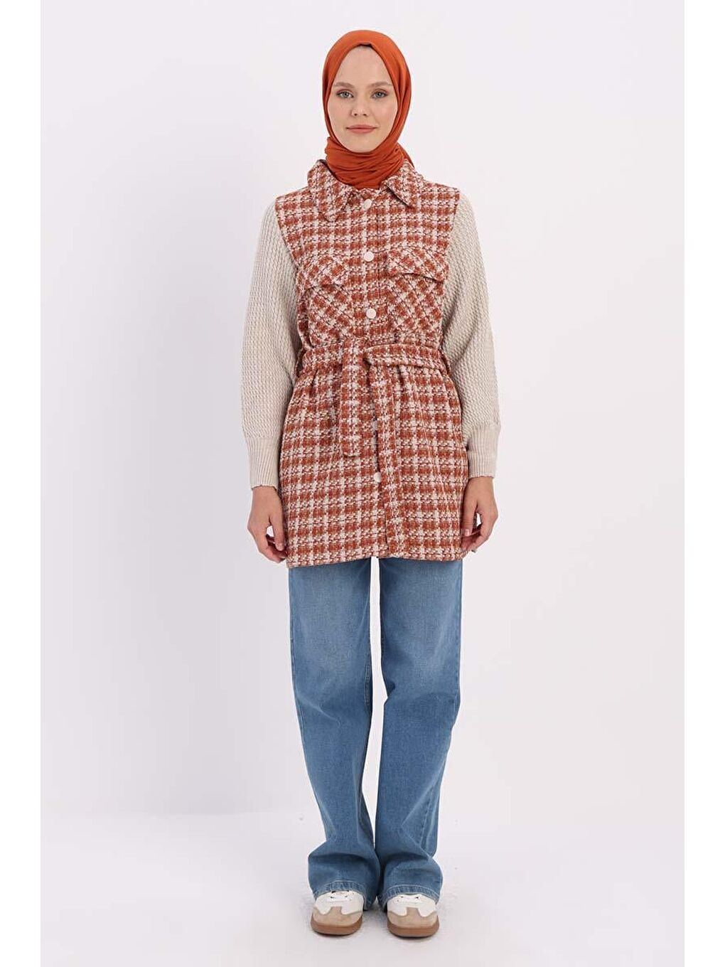 Kahverengi Camel-Triko Garnili Kuşaklı Tüvit Hırka-1