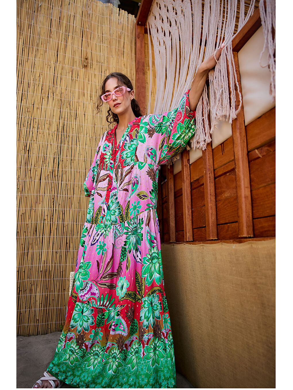 Kadın Soyut Botanik Desen Elbise Pembe-Kırmızı-2