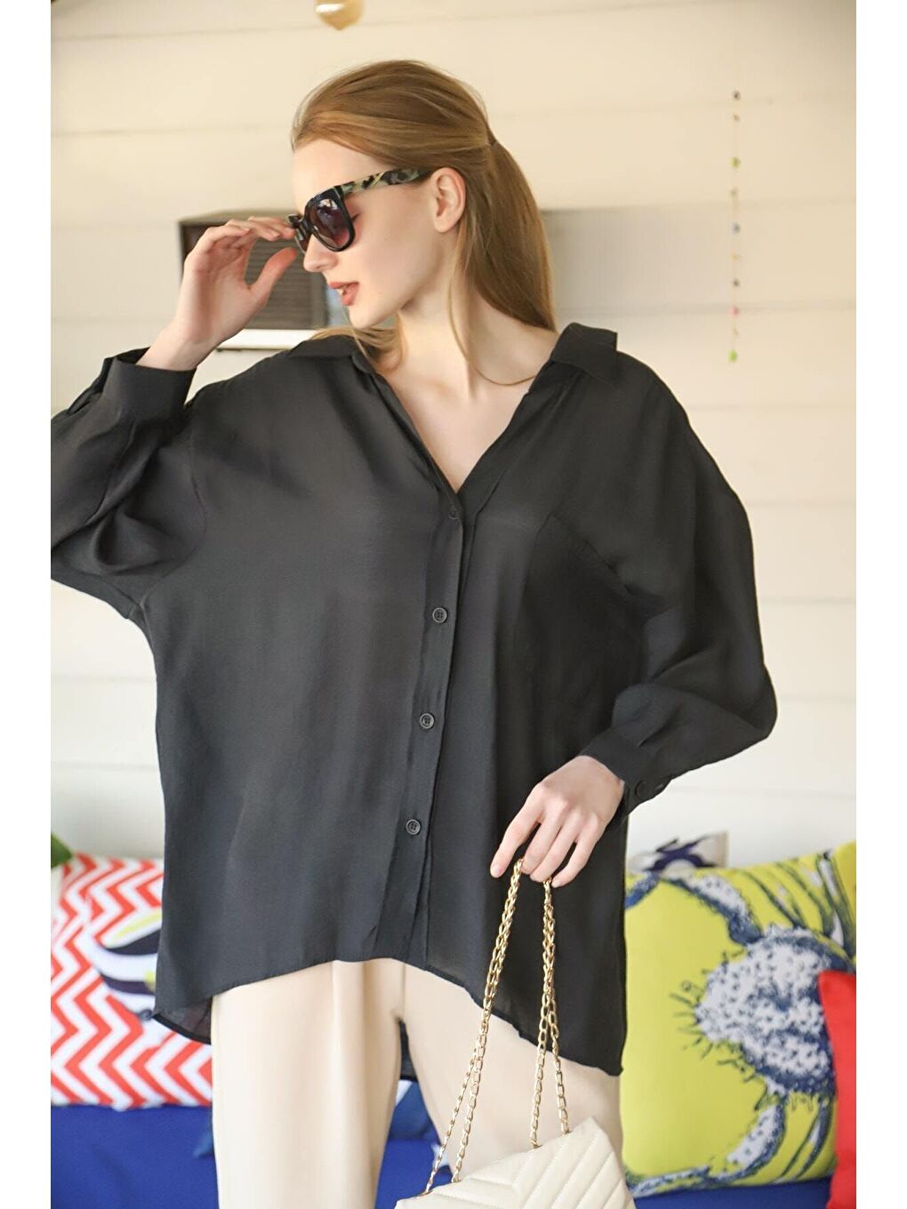 Kadın Siyah Owersize Uzun Basic Gömlek-3