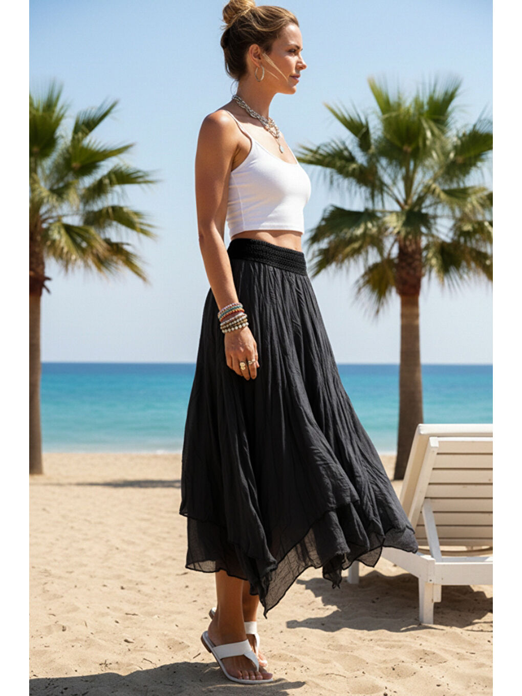 Siyah Astarlı Yıkamalı Saçaklı Kesim Lastikli Bel Casual Pamuklu Dokuma Etek 84 60-3