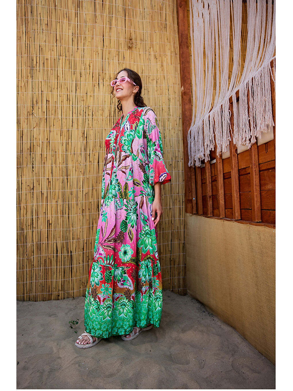 Kadın Soyut Botanik Desen Elbise Pembe-Kırmızı-3