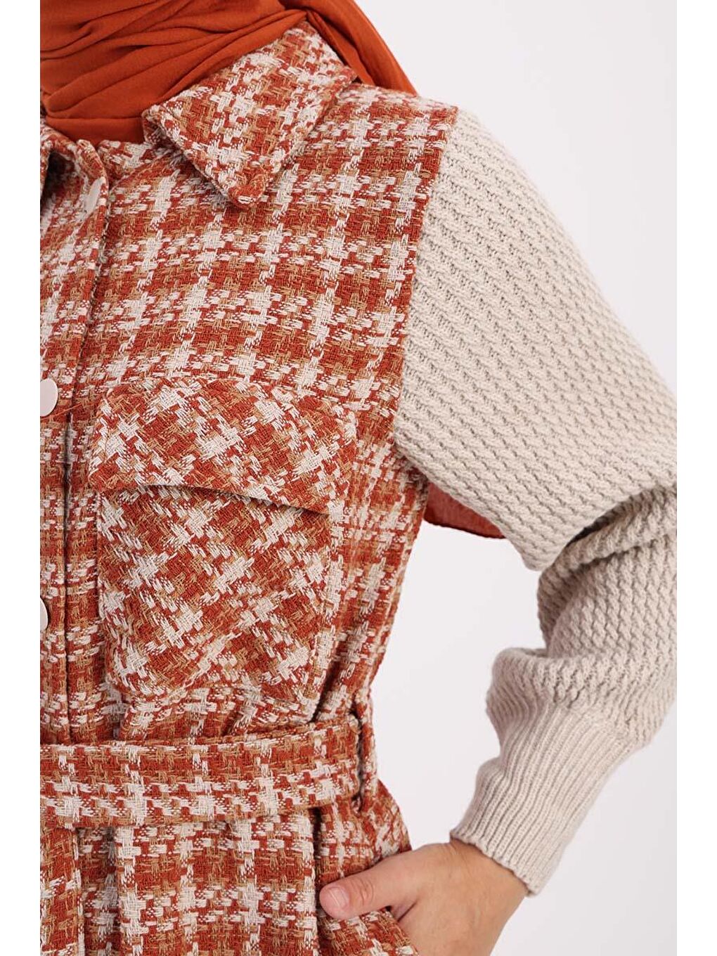 Kahverengi Camel-Triko Garnili Kuşaklı Tüvit Hırka-4