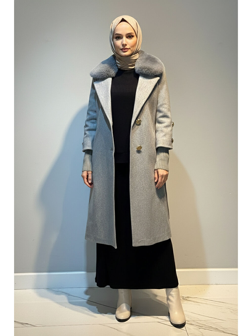 Kürk Detay Düğmeli Kaşe Kaban 6167 Gri