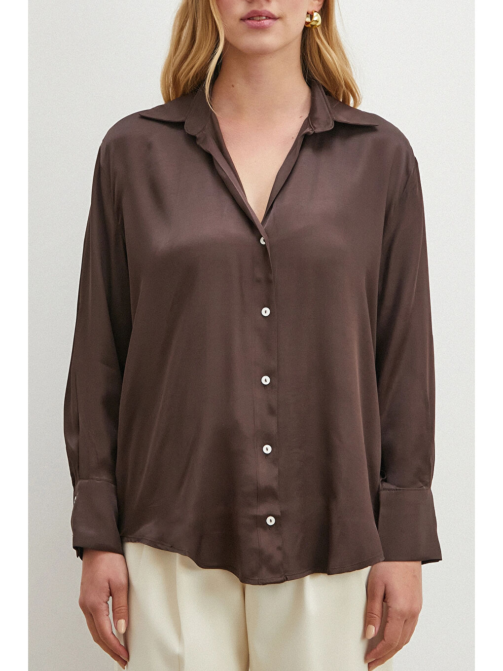 Karışık Viskon Saten Gömlek Kahve-1