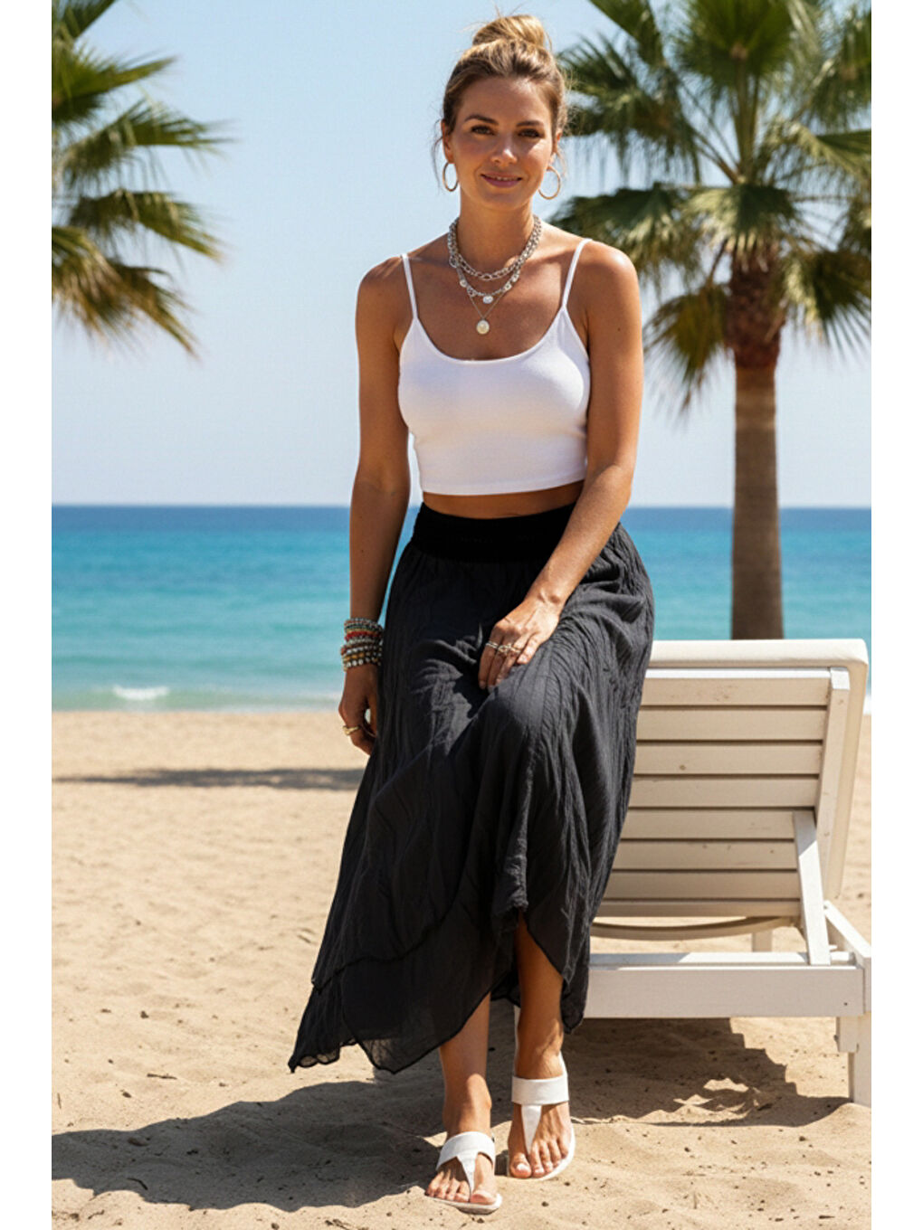 Siyah Astarlı Yıkamalı Saçaklı Kesim Lastikli Bel Casual Pamuklu Dokuma Etek 84 60-4