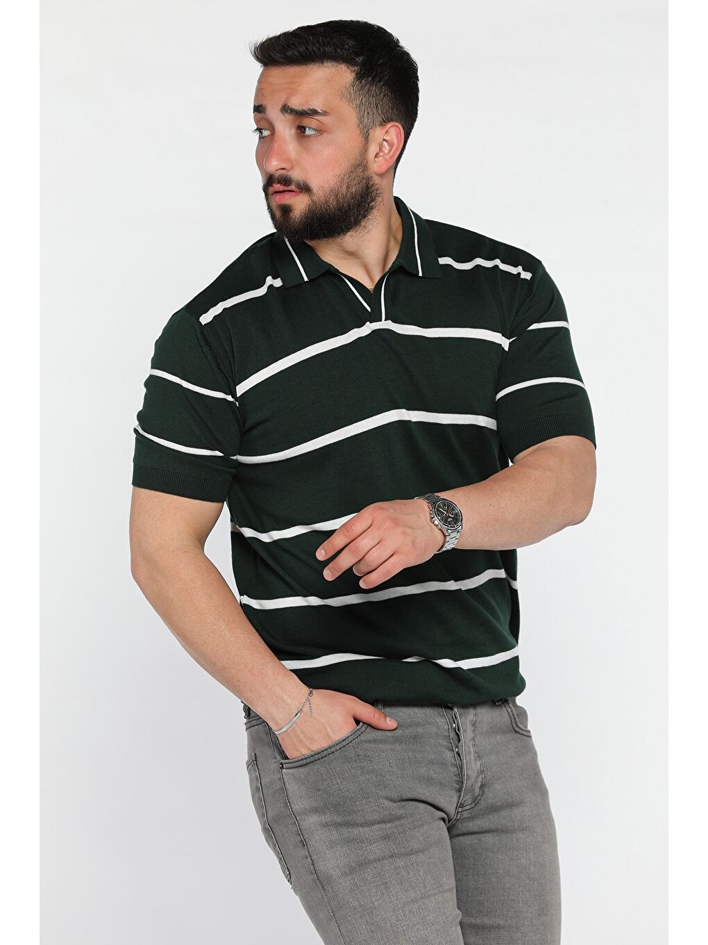 Yeşil Erkek Polo Yaka Çizgi Desenli Triko Tişört-1