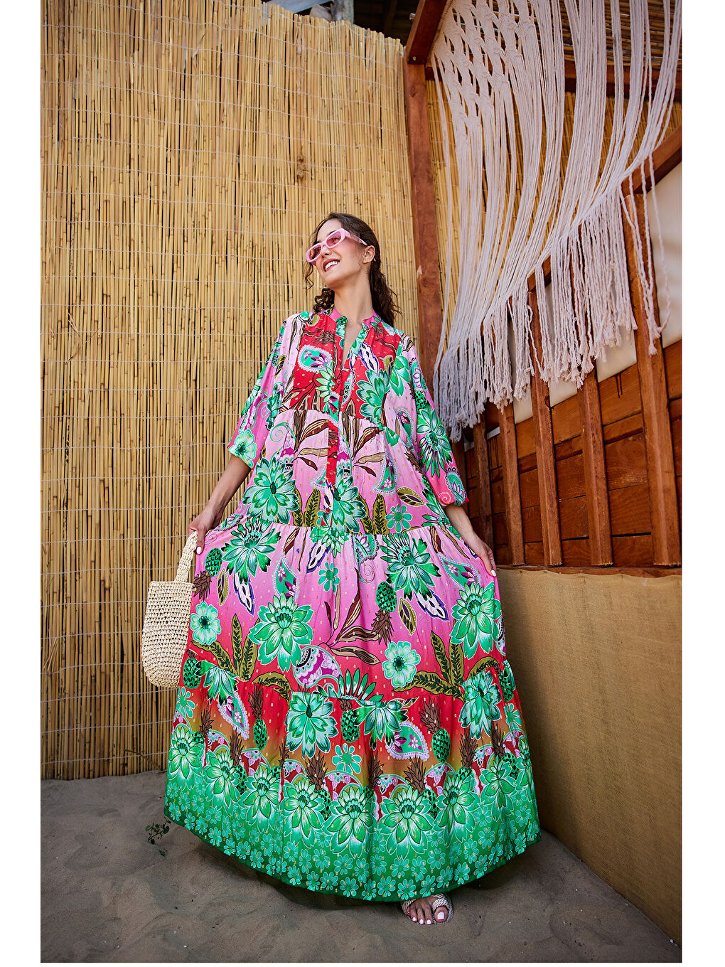 Kadın Soyut Botanik Desen Elbise Pembe-Kırmızı-4