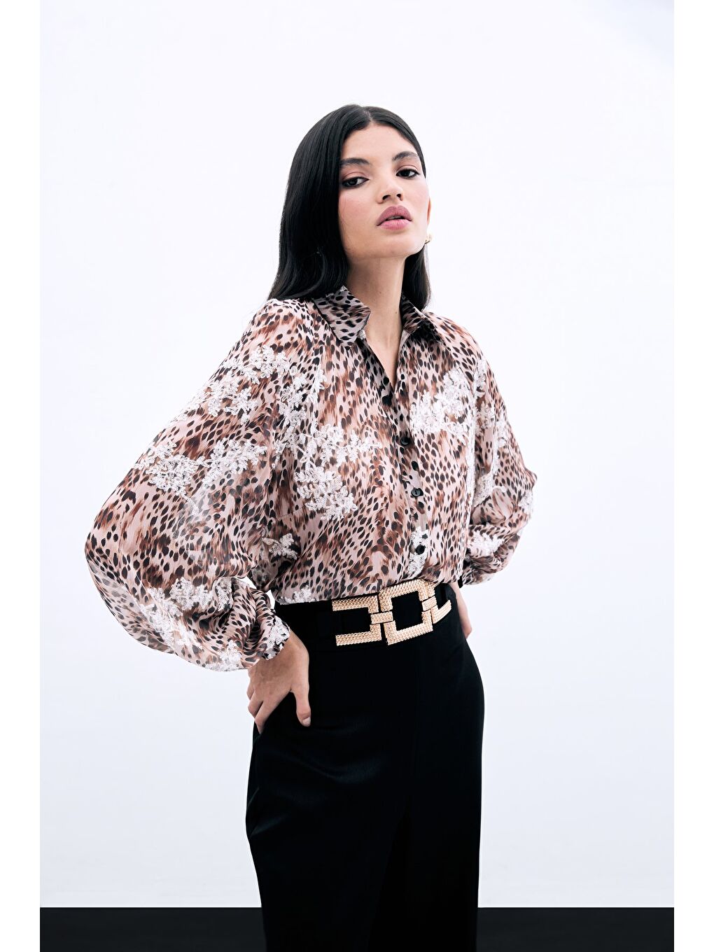 Bej Leopar Desenli Nakışlı Gömlek - Vizon-3