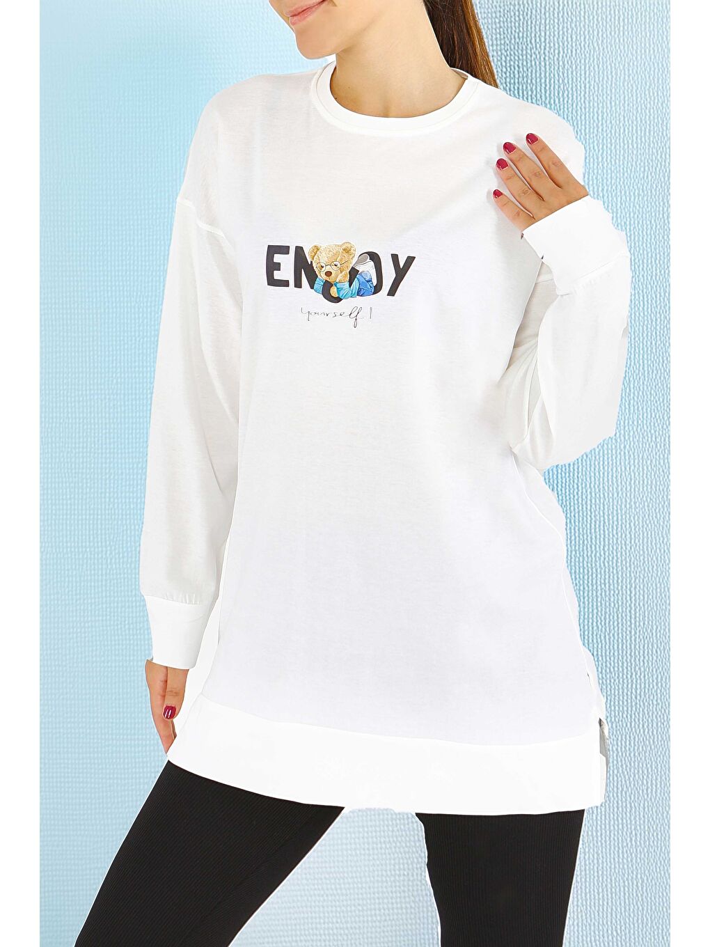 Uzun Kollu Baskılı Süprem Tunik Beyaz - 27589-1