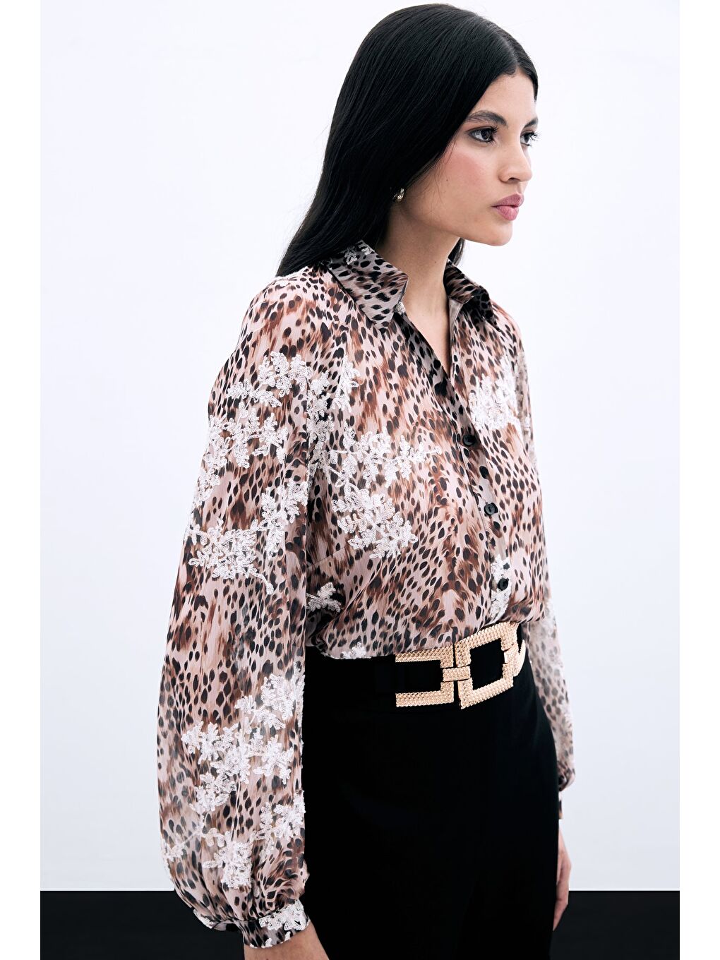 Bej Leopar Desenli Nakışlı Gömlek - Vizon-4