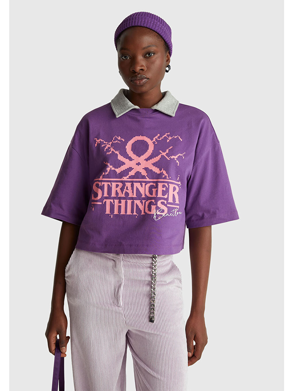 Kadın Mor  %100 Pamuk Boxy Fit Stranger Things Baskılı T-Shirt