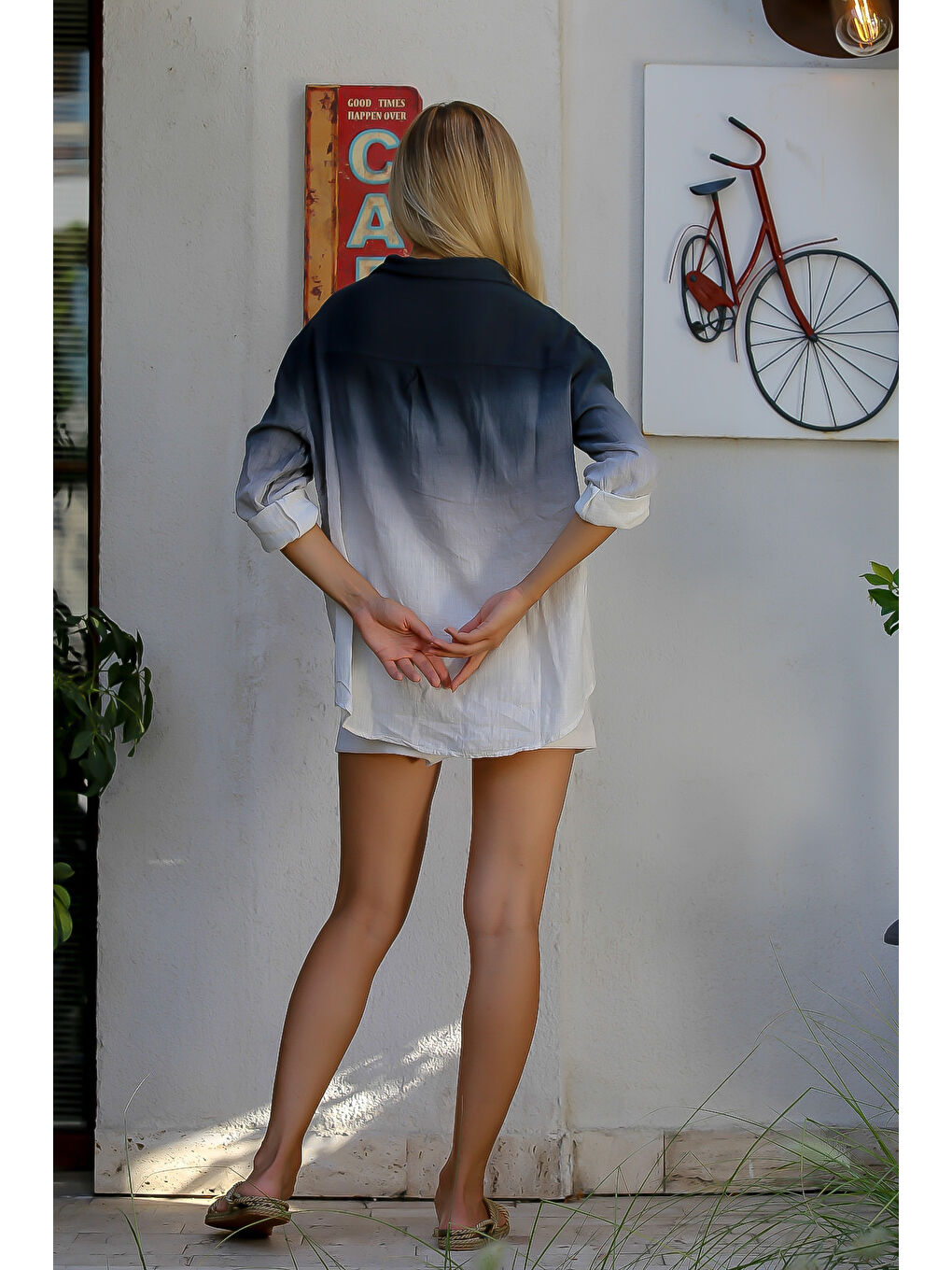 Beyaz-Antrasit Gömlek Yaka Uzun Kol Batik Düğmeli Tek Cepli Dokuma Bluz-7