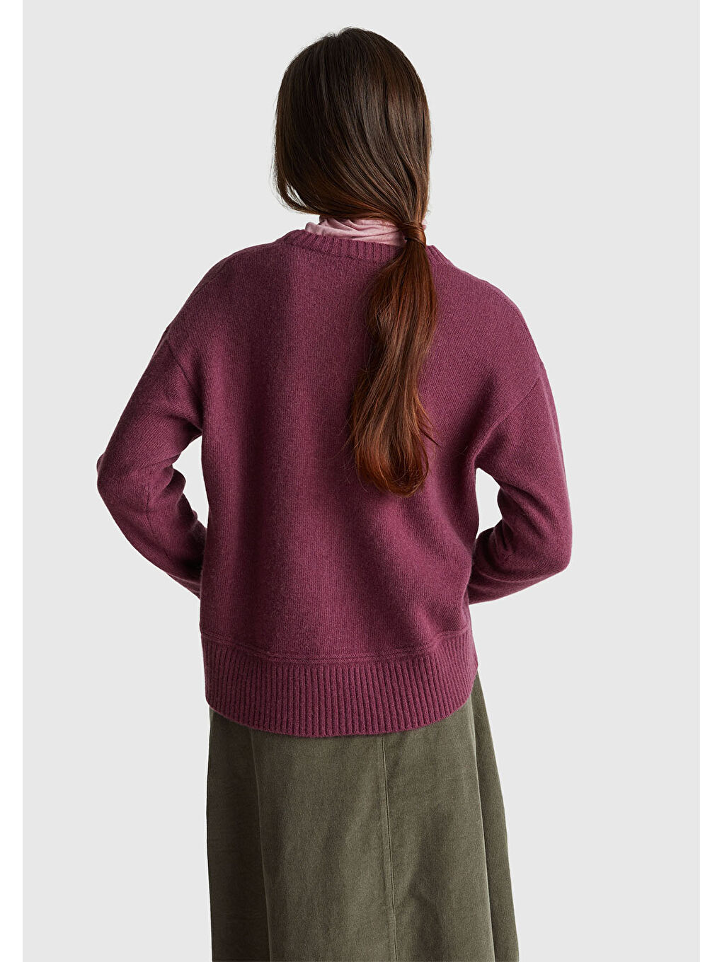 Kadın Mürdüm Yün Karışımlı Alt Kısmı Geniş Bisiklet Yaka Kazak-2