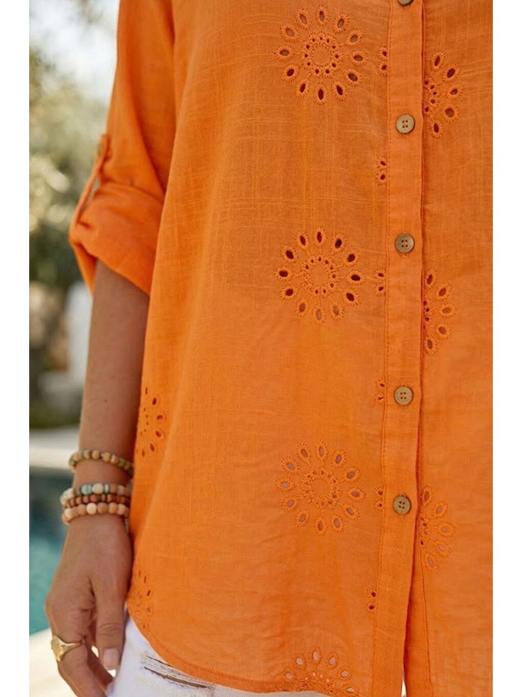 Turuncu Hakim Yaka Düğmeli Uzun Kollu Düğmeli Casual Müslin Dokuma Gömlek 75 63-1