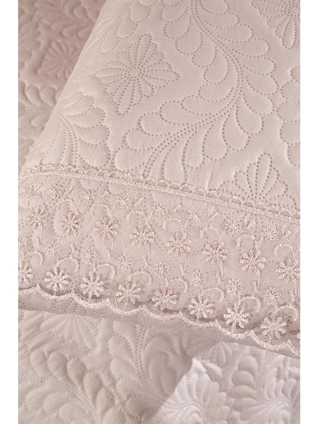 Pembe Zoya Dantelli Kapitoneli Ultrasonik Çift Kişilik Yatak Örtüsü Pudra-4