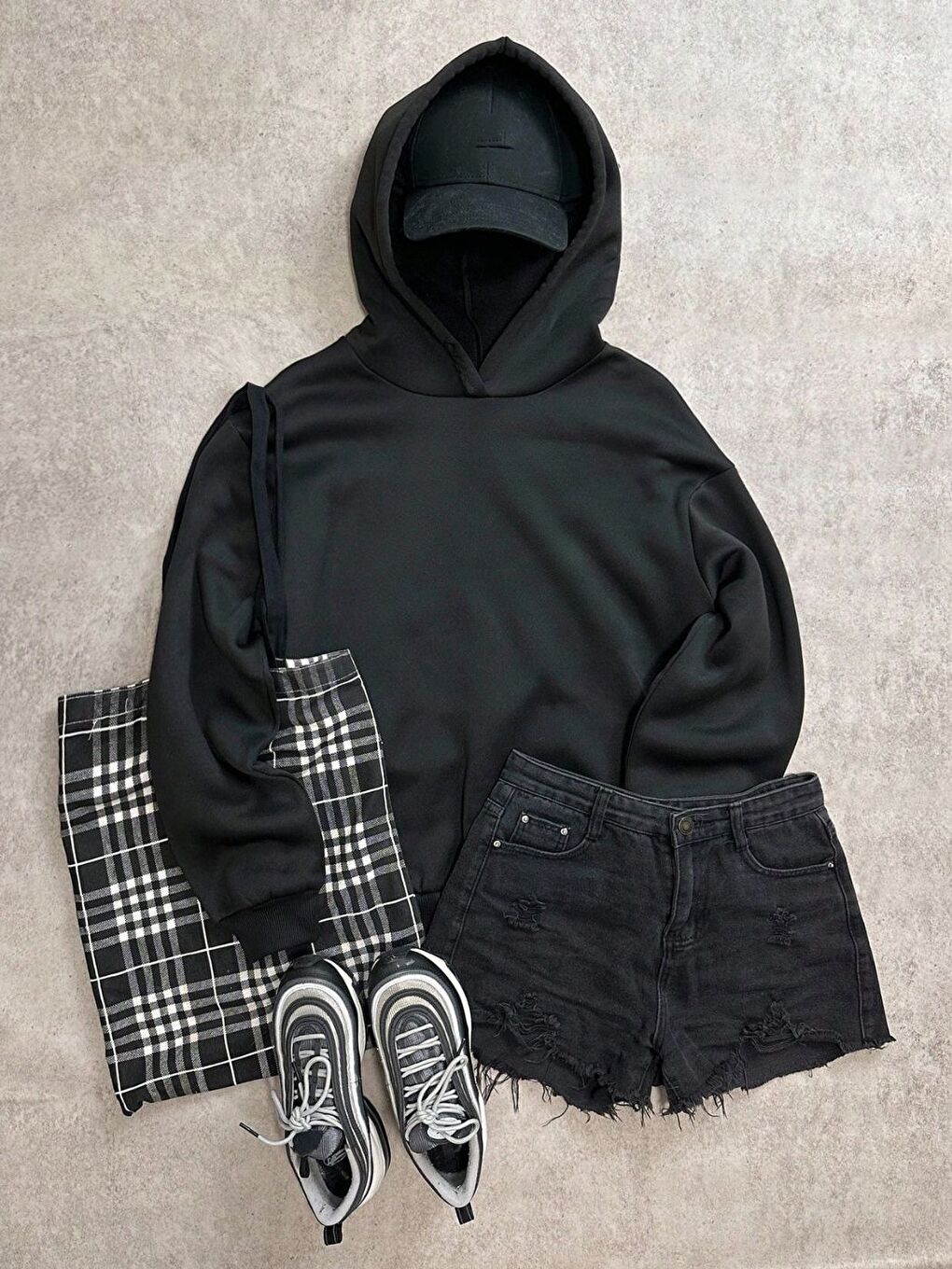 Kadın Siyah Rock The World Baskılı Oversize Kapüşonlu Sweatshirt Hoodie-2