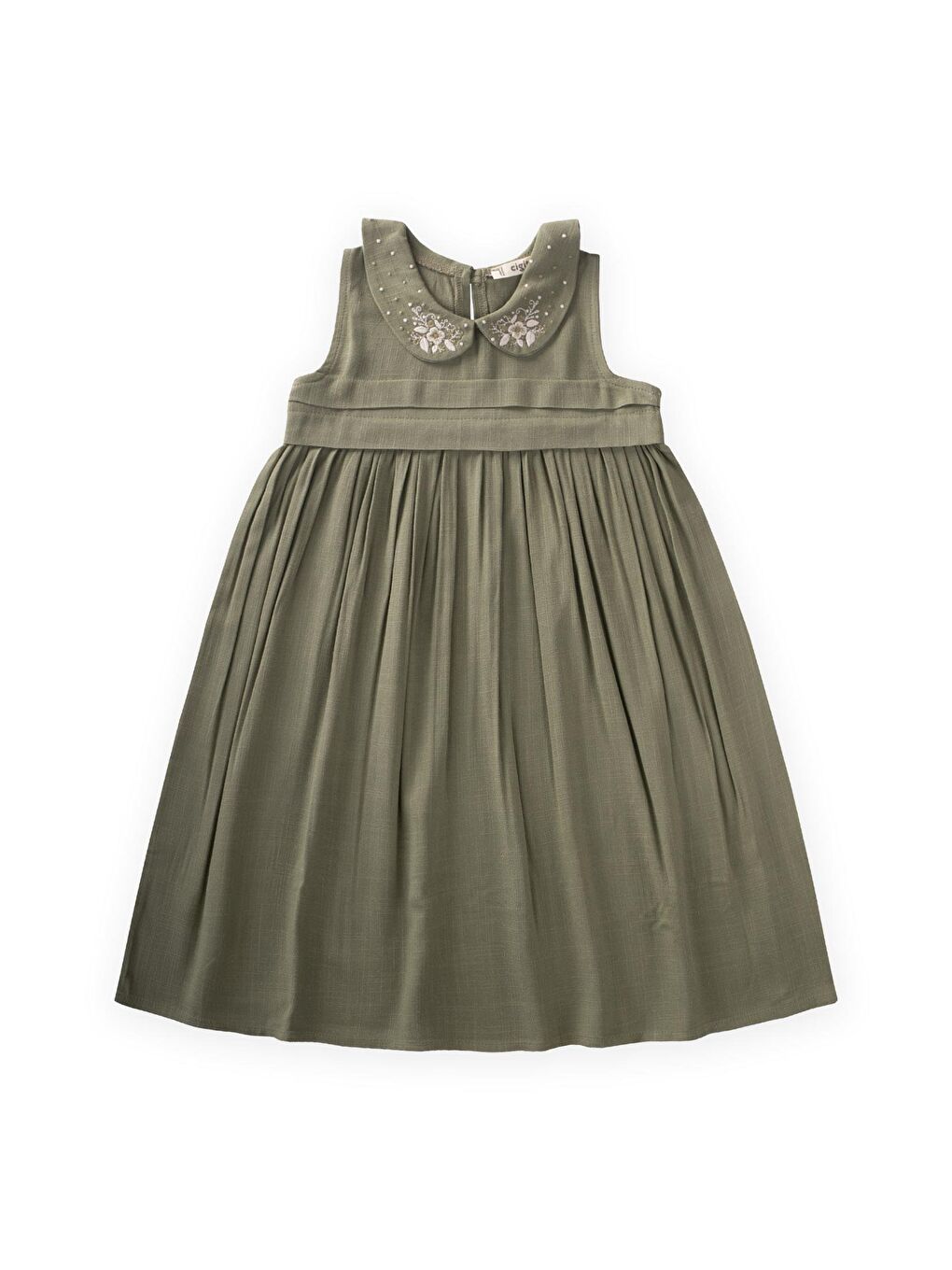 Haki Kız Çocuk Nakışlı Keten Elbise