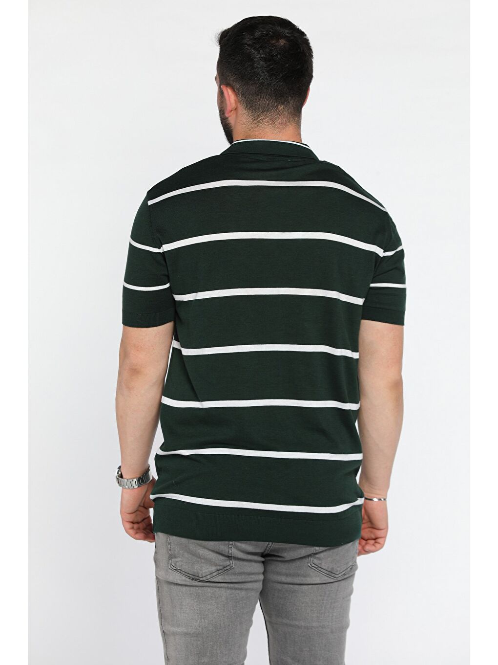 Yeşil Erkek Polo Yaka Çizgi Desenli Triko Tişört-2