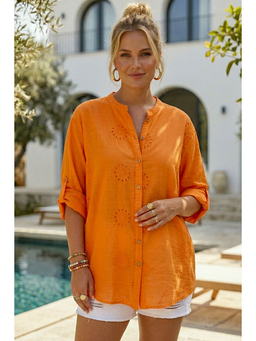 Turuncu Hakim Yaka Düğmeli Uzun Kollu Düğmeli Casual Müslin Dokuma Gömlek 75 63-2
