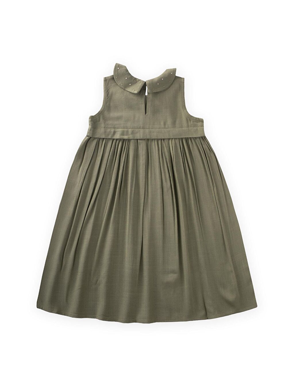 Haki Kız Çocuk Nakışlı Keten Elbise-1
