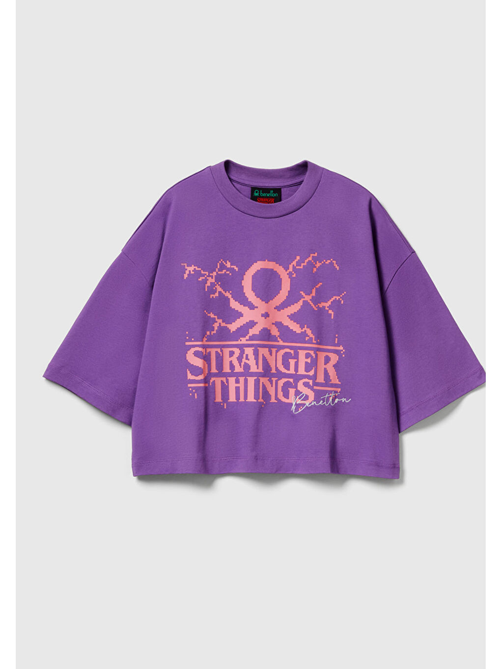 Kadın Mor  %100 Pamuk Boxy Fit Stranger Things Baskılı T-Shirt-1