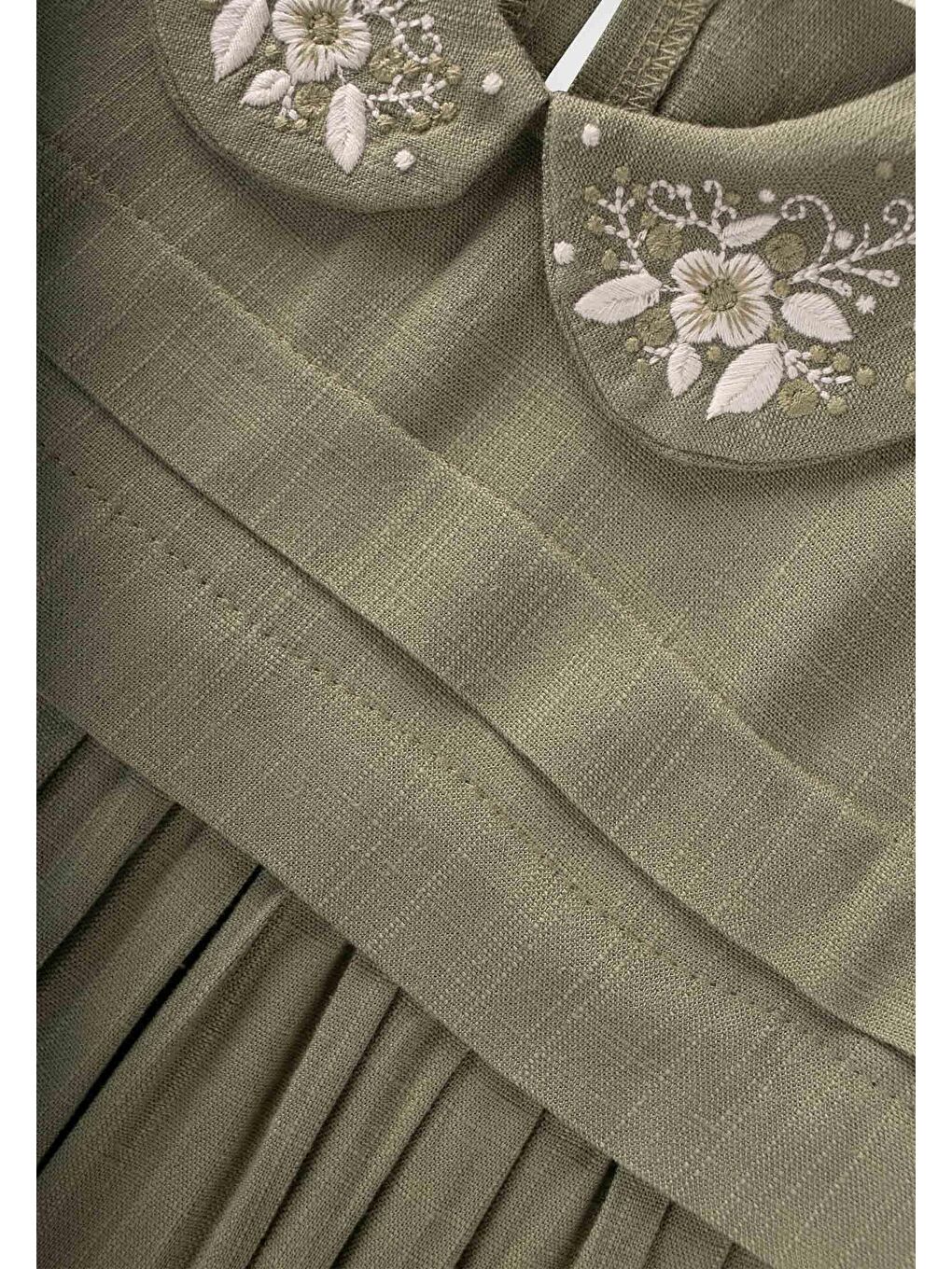 Haki Kız Çocuk Nakışlı Keten Elbise-2