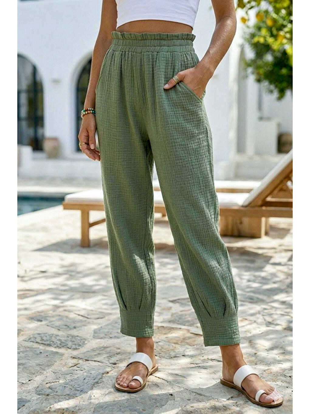 Haki Cepli Paçası Dikişli Lastikli Bel Şalvar Paça Casual Müslin Dokuma Pantolon 94 63