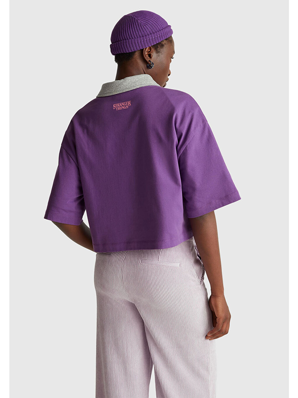 Kadın Mor  %100 Pamuk Boxy Fit Stranger Things Baskılı T-Shirt-2