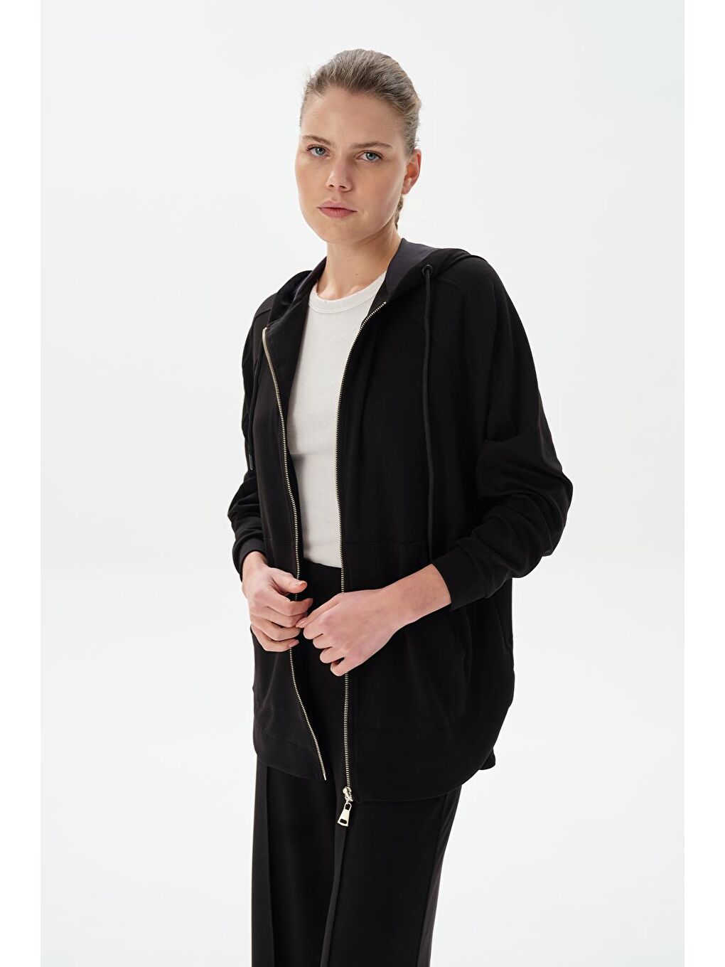 Modal Örme Kapüşonlu Oversize Hırka Siyah-1