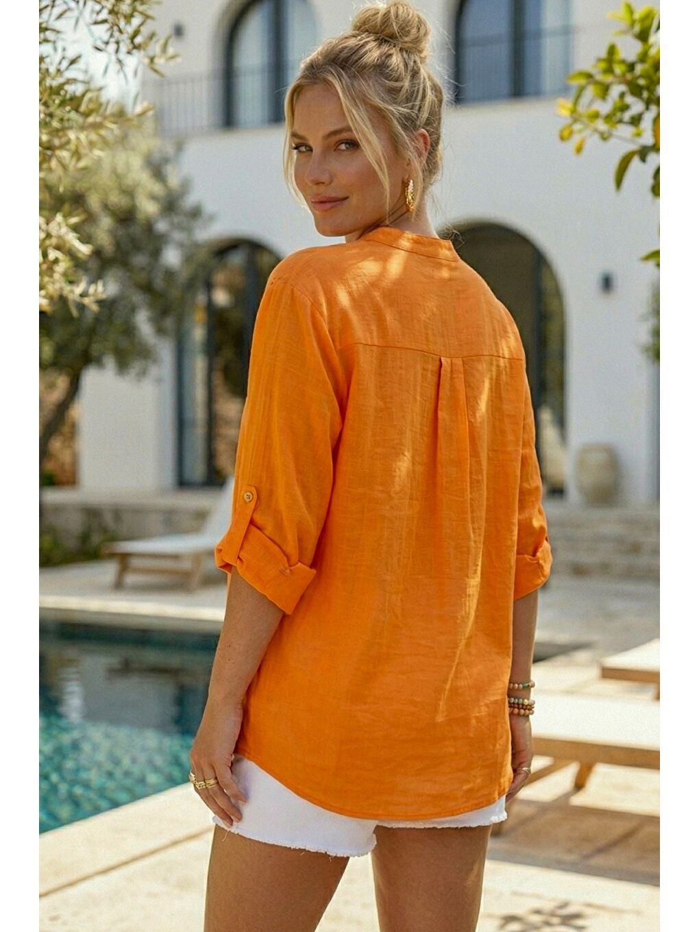 Turuncu Hakim Yaka Düğmeli Uzun Kollu Düğmeli Casual Müslin Dokuma Gömlek 75 63-4