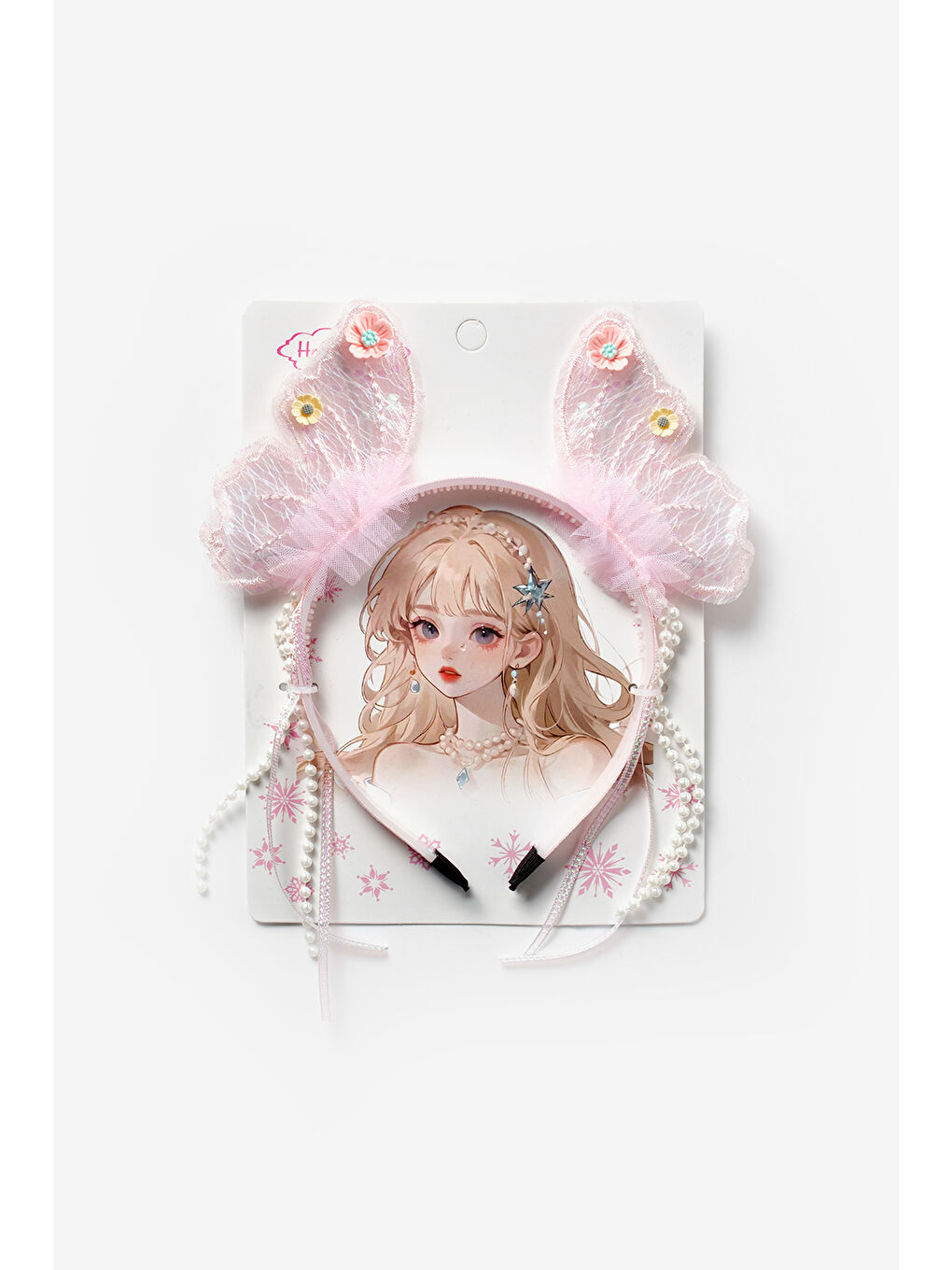 Pembe İncili Kelebek Kanat Figürlü Kız Çocuk Taç