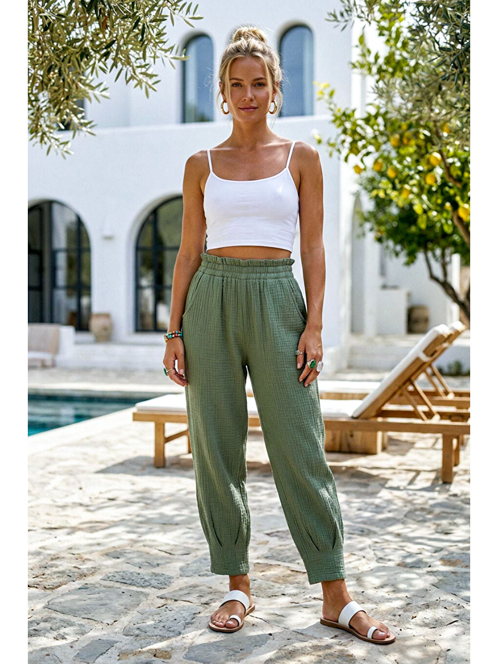 Haki Cepli Paçası Dikişli Lastikli Bel Şalvar Paça Casual Müslin Dokuma Pantolon 94 63-1